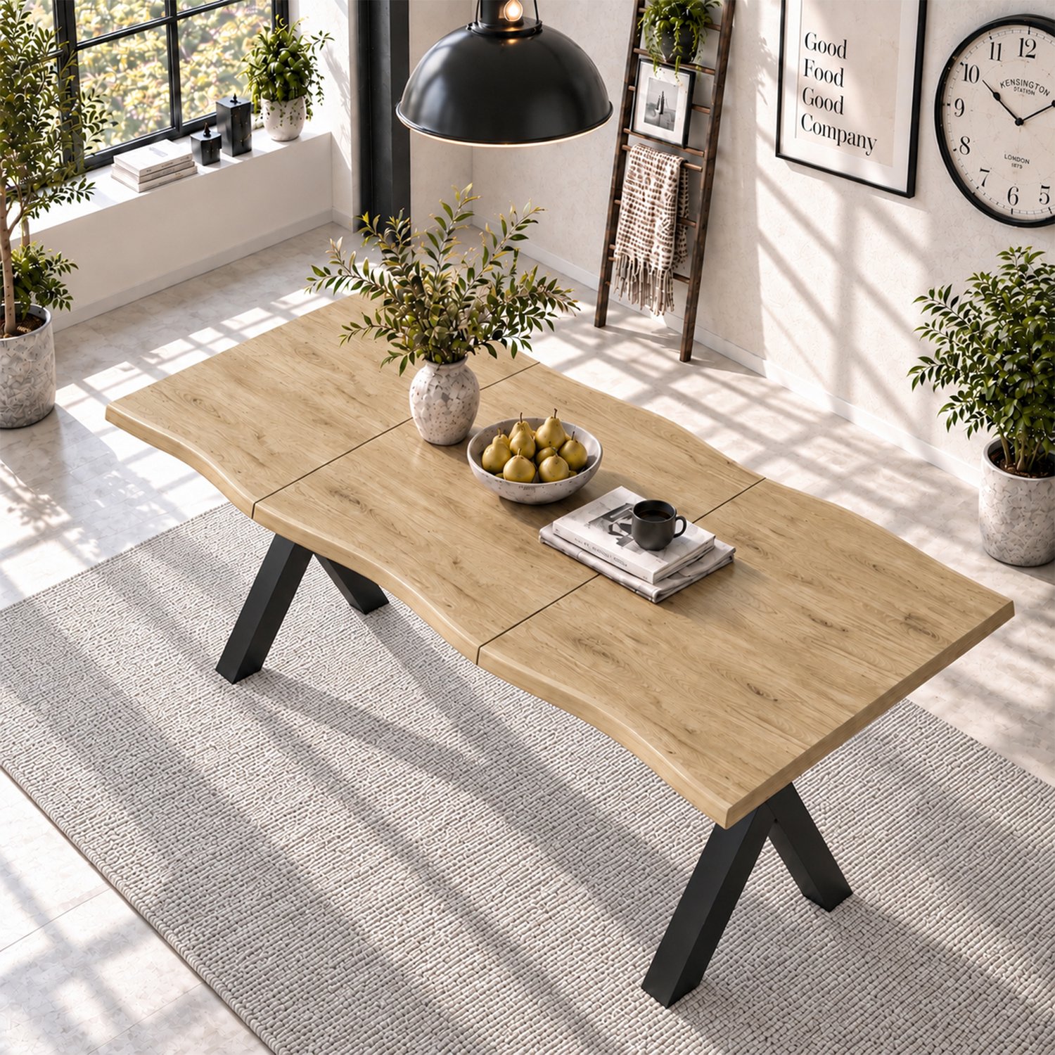 CHICFURN Eettafel 160 cm - 4 tot 6 personen - Golvende rand - X-poten - Houtkleur