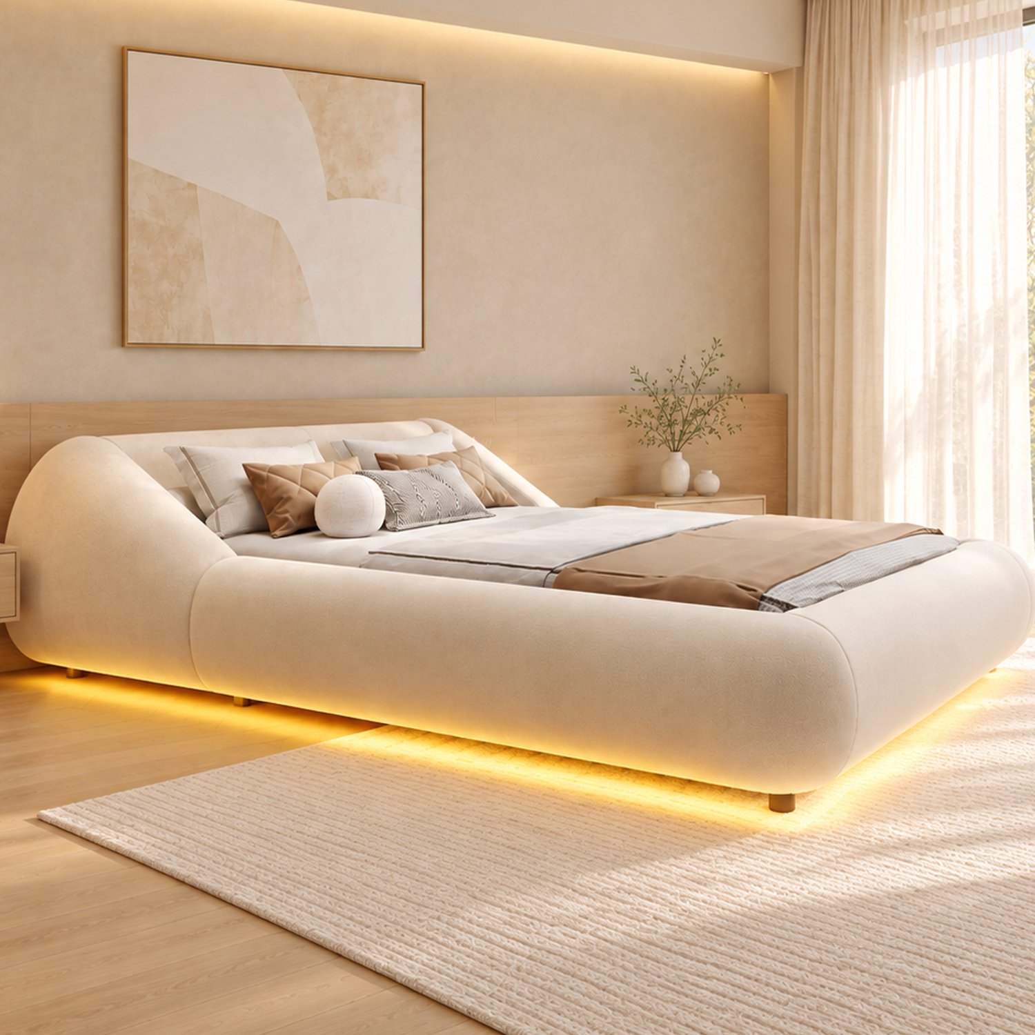 STILVORA Gestoffeerd Bed 140x200 cm – Omsluitend Hoofdbord – Zwevende Uitstraling met Lichtstrook – Tweepersoonsbed – Fluweel – Zonder Matras – Beige