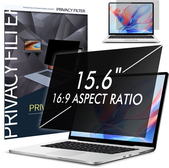 Privacyfilter voor 15.6 inch laptop met 16:9 beeldverhouding en beschermende verpakking.