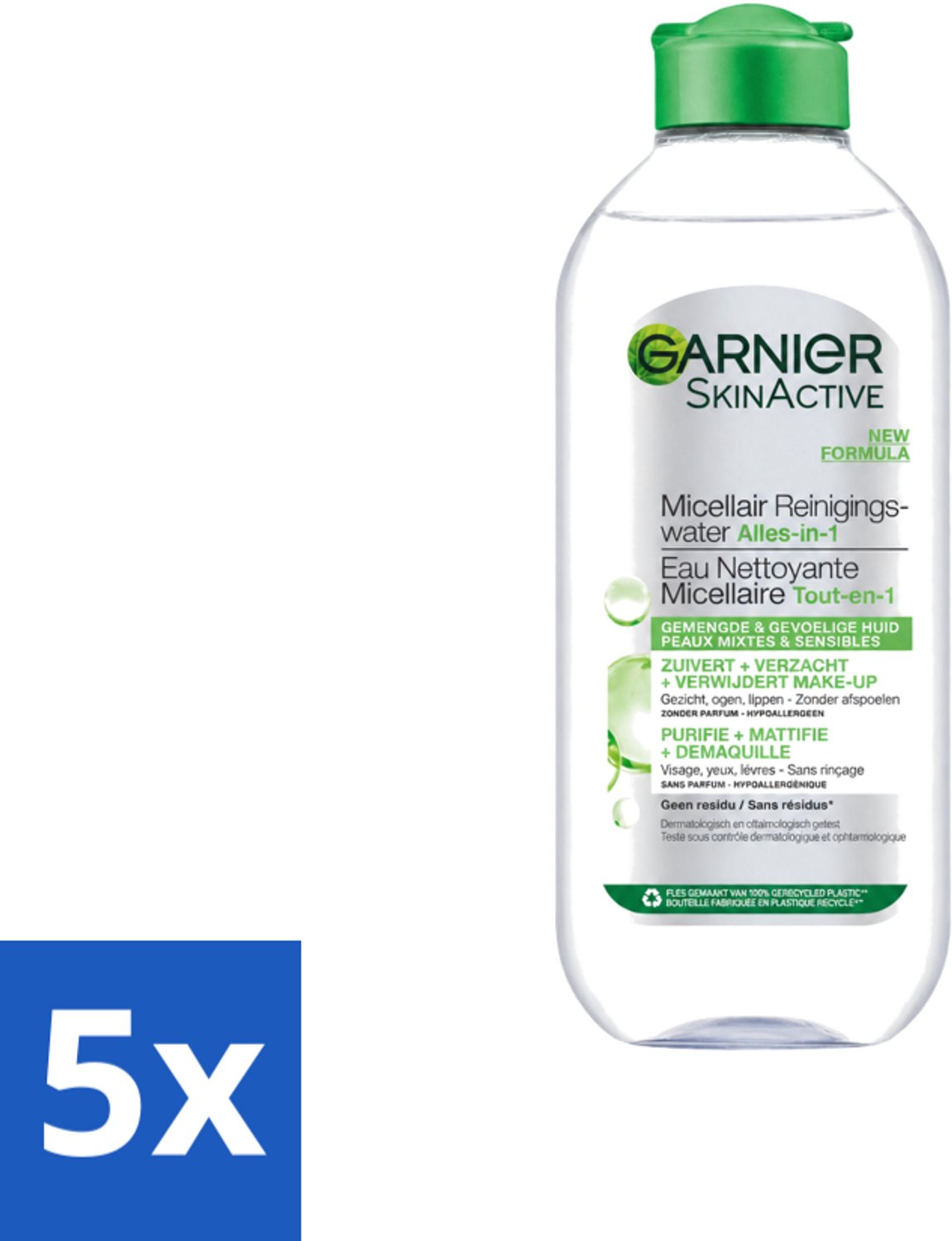 5 x Garnier - SkinActive - Micellair Reinigingswater - Gemengde & Gevoelige huid - Verzachtend & Reinigend - 400 ml - Voordeelverpakking - 5 stuks