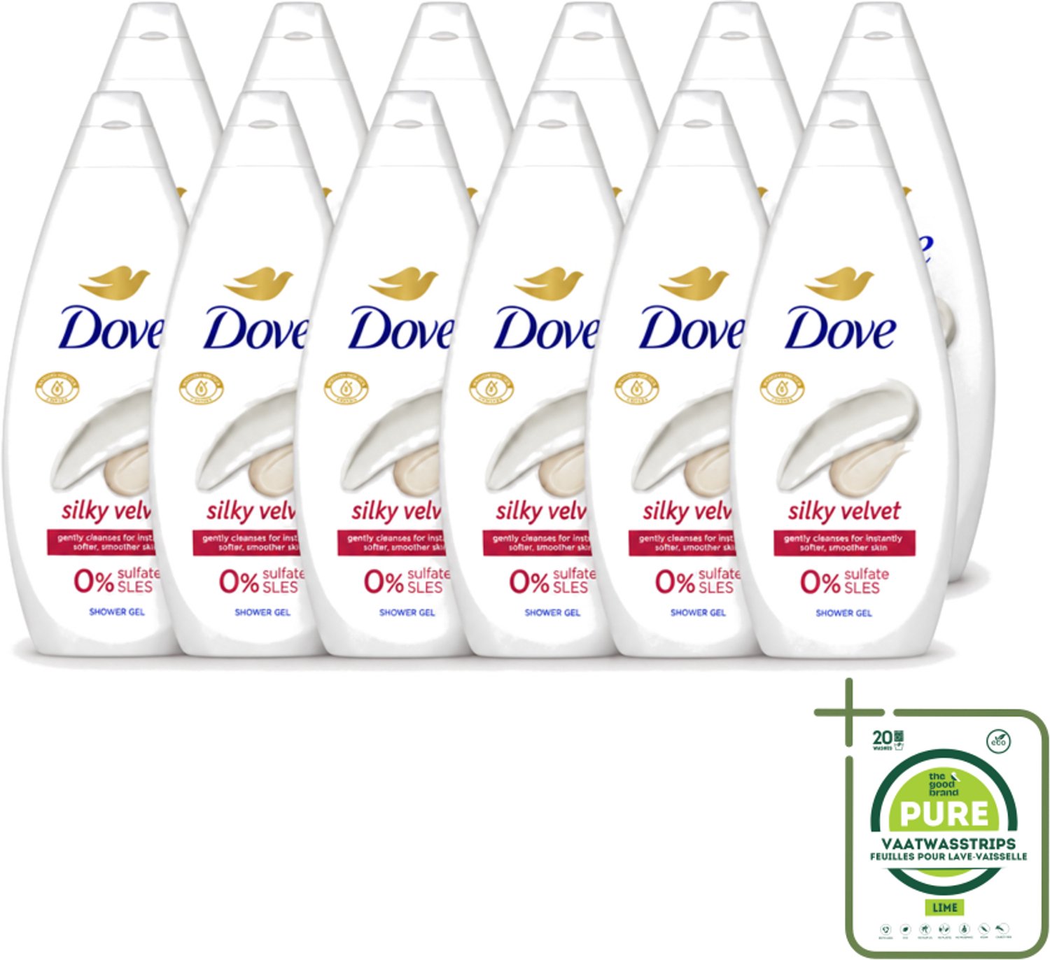 12 x Dove Douchecrème - Silky Velvet - 720 ml - Grootverpakking - Vaatwasstrips - Douche Crème - Zijdezachte Huid - Droge Huid Verzorging - Mild Reinigen - Vegan Douchegel