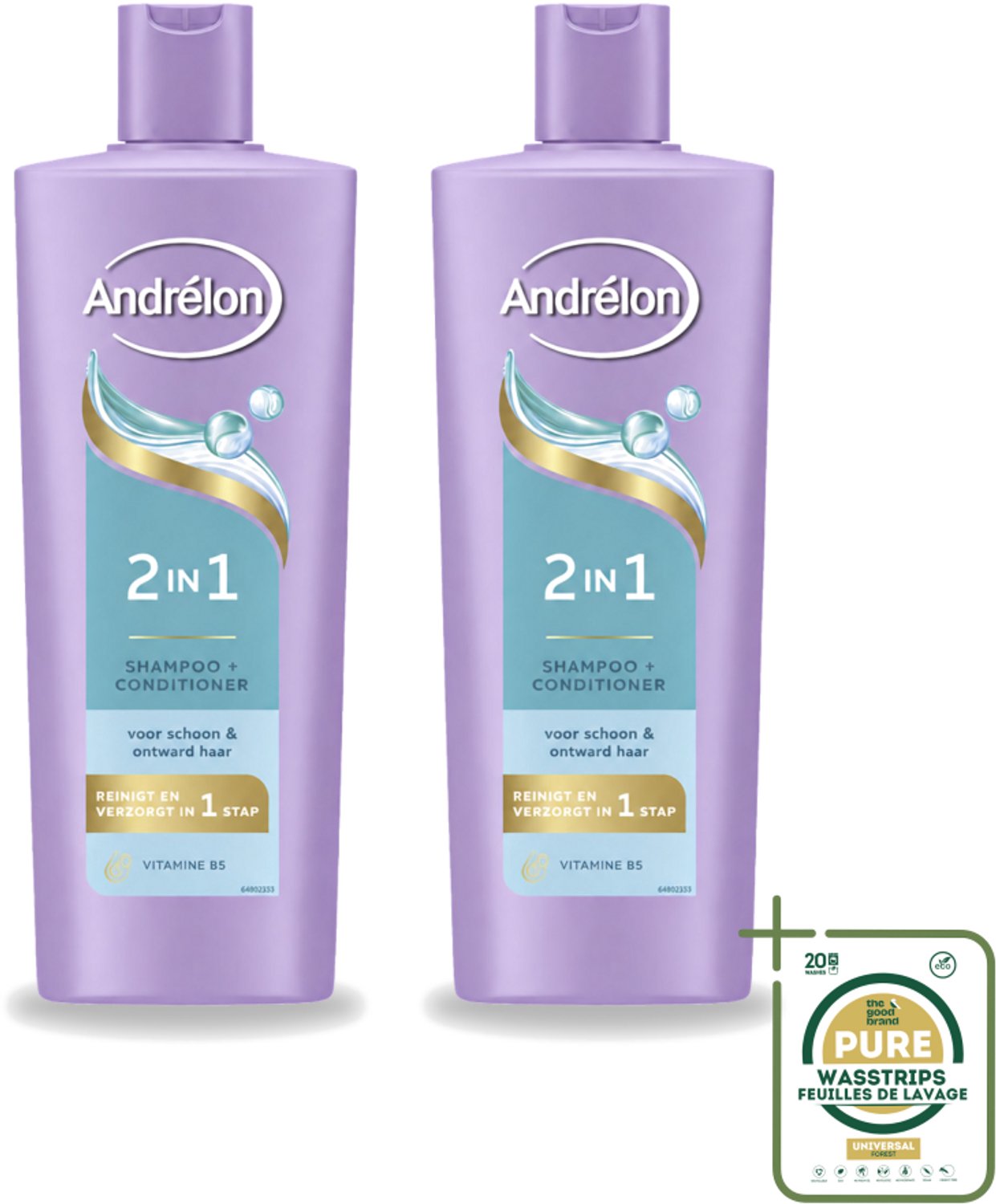 2 x Andrélon – Shampoo 2-in-1 – Iedere Dag – 400 ml - Wasstrips - Haar Verzorgen - Shampoo En Conditioner - 2-in-1 Shampoo - Vitamine B5 - Haar Reinigen