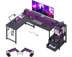 Gaming Bureau met LED Verlichting - 166 x 93 x 108 cm - L-Vormig Hoekbureau met Stopcontacten - Game Bureau met Lades - Met Monitor Standaard - Gaming Bureau Groot voor Meerdere Monitoren - Zwart