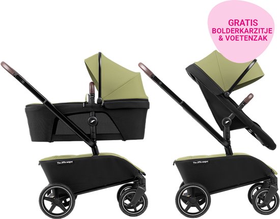 Twee configuraties van The Jiffle wagon in groen met een roze label: Gratis bolderkarzitje & voetenzak.
