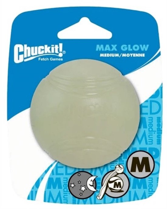 Chuckit! Max Glow oplichtende hondenbal maat M in verpakking.