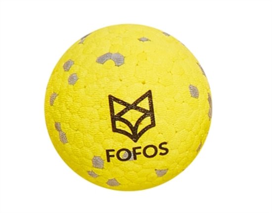 Gele stuiterbal met grijze vlekken en het zwarte Fofos-logo in het midden.