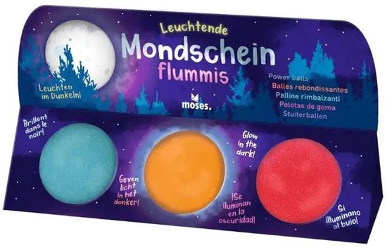 Drie lichtgevende stuiterballen in blauw, oranje en rood op een donkere display met tekst 'Geven licht in het donker'.