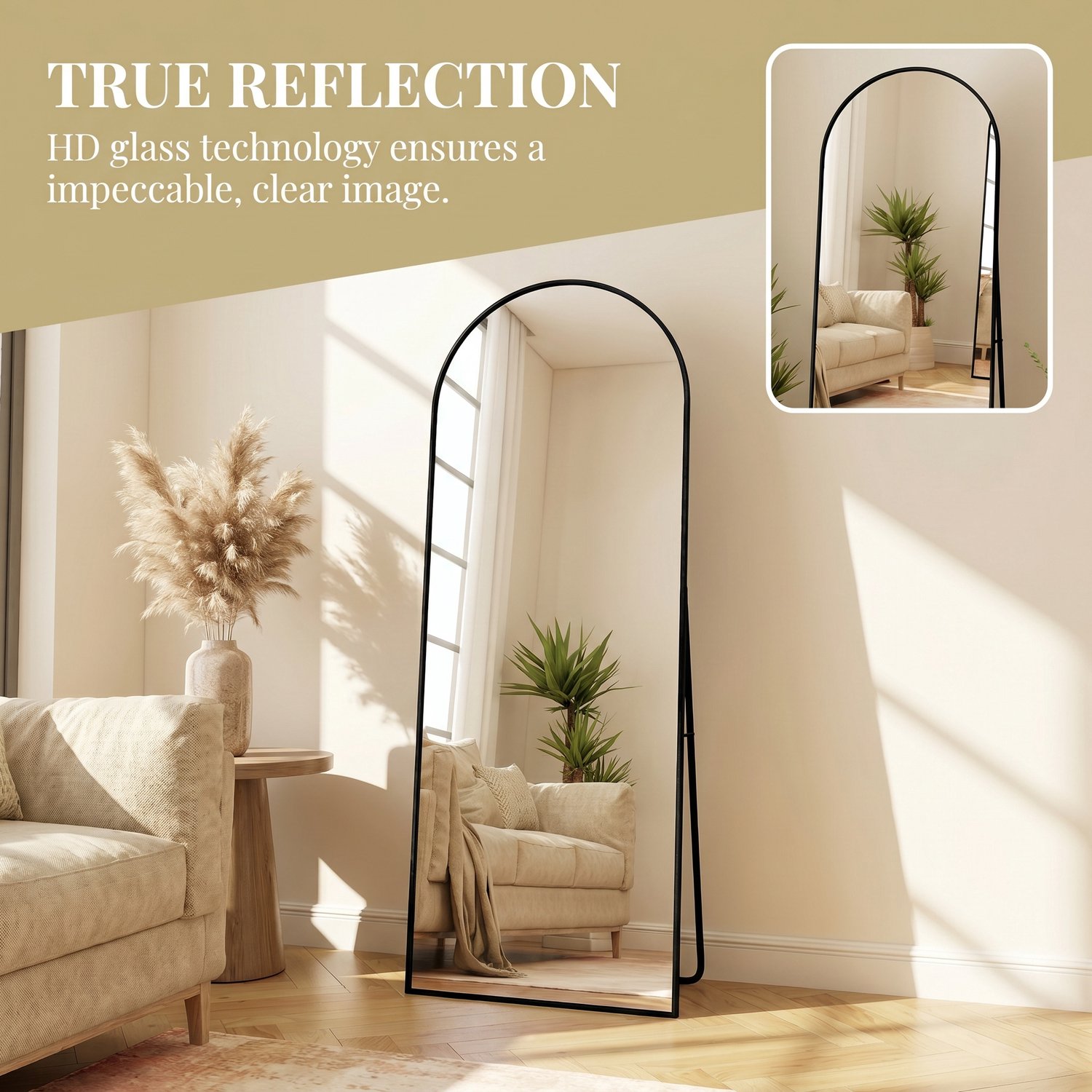 ROSAHQNDA Staande gebogen spiegel 162x53cm, zwart aluminium frame met verstelbare standaard, hangend of staand, geschikt voor slaapkamer, woonkamer en garderobe
