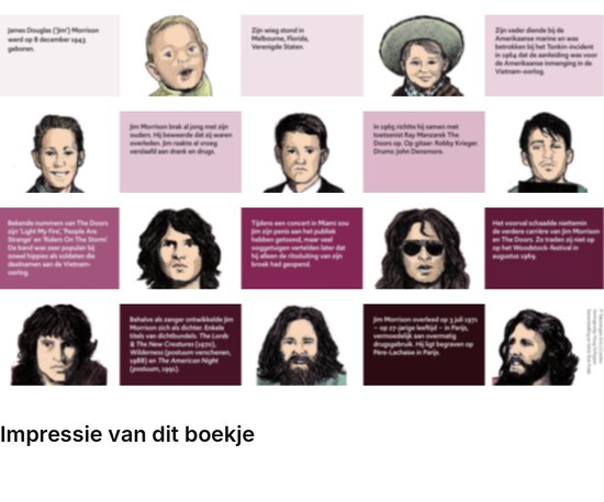 Reeks illustraties en tekstblokken die het levensverhaal van Jim Morrison vertellen.