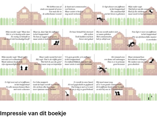 Accordeonstrook met tekstfragmenten over een bakstenen muur en tuinhekjes, geïllustreerd met kleine zwarte figuren.