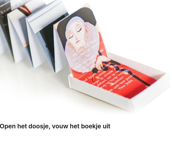 Een opengevouwen accordeonboekje toont een kleurrijke illustratie van een vrouw met Nederlandse tekst.