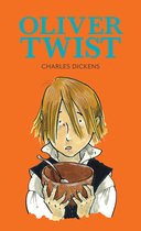 Boekomslag Oliver Twist van Charles Dickens met illustratie van een jongen met een lege kom op oranje achtergrond.