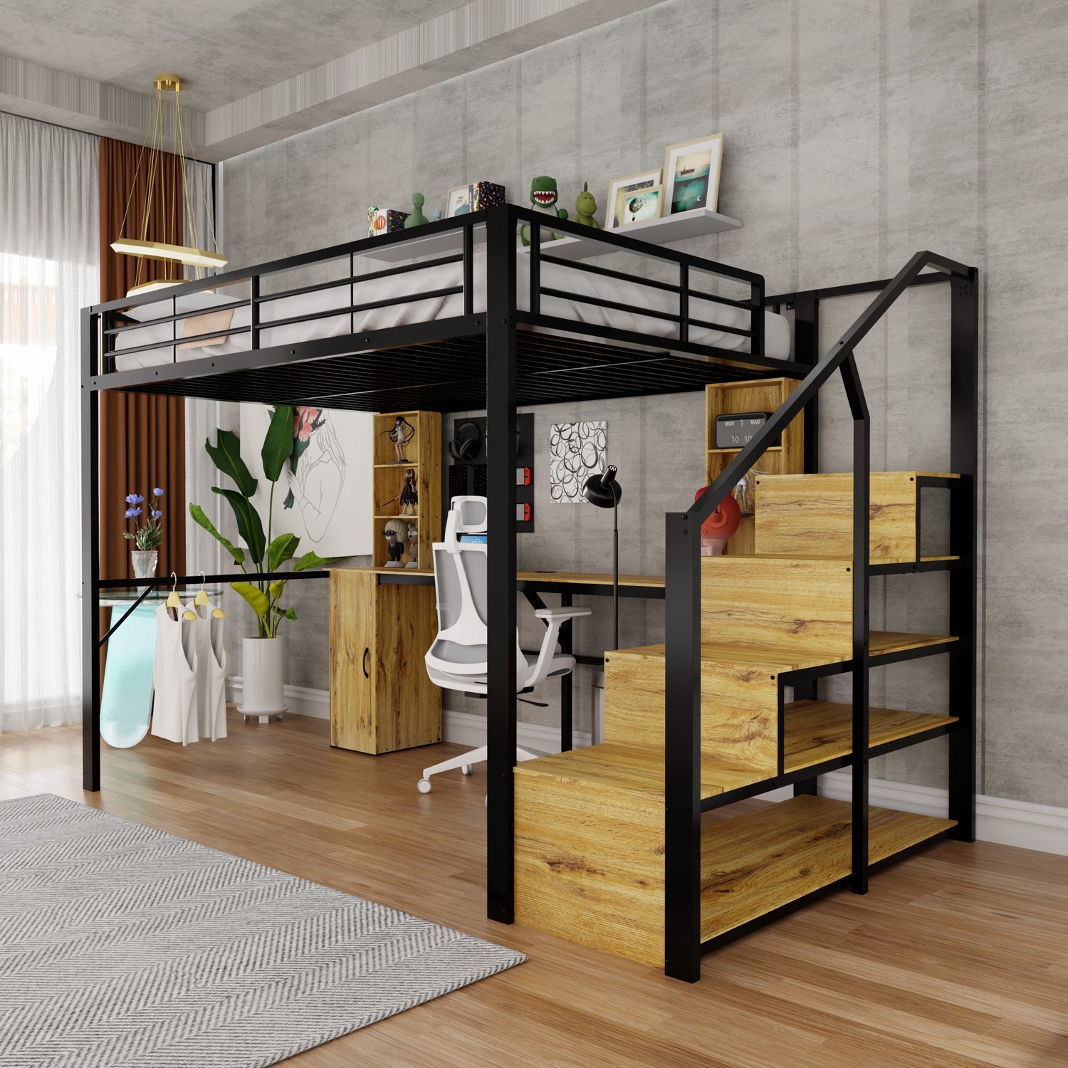WUVRIE Hoogslaper 140x200 cm - Bureau, opbergkast en opbergtrap met USB-aansluiting - Zwart