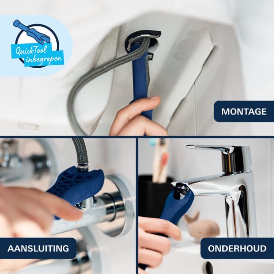 Drie stappen van QuickFix: montage, aansluiting en onderhoud met gebruik van het blauwe QuickTool gereedschap.