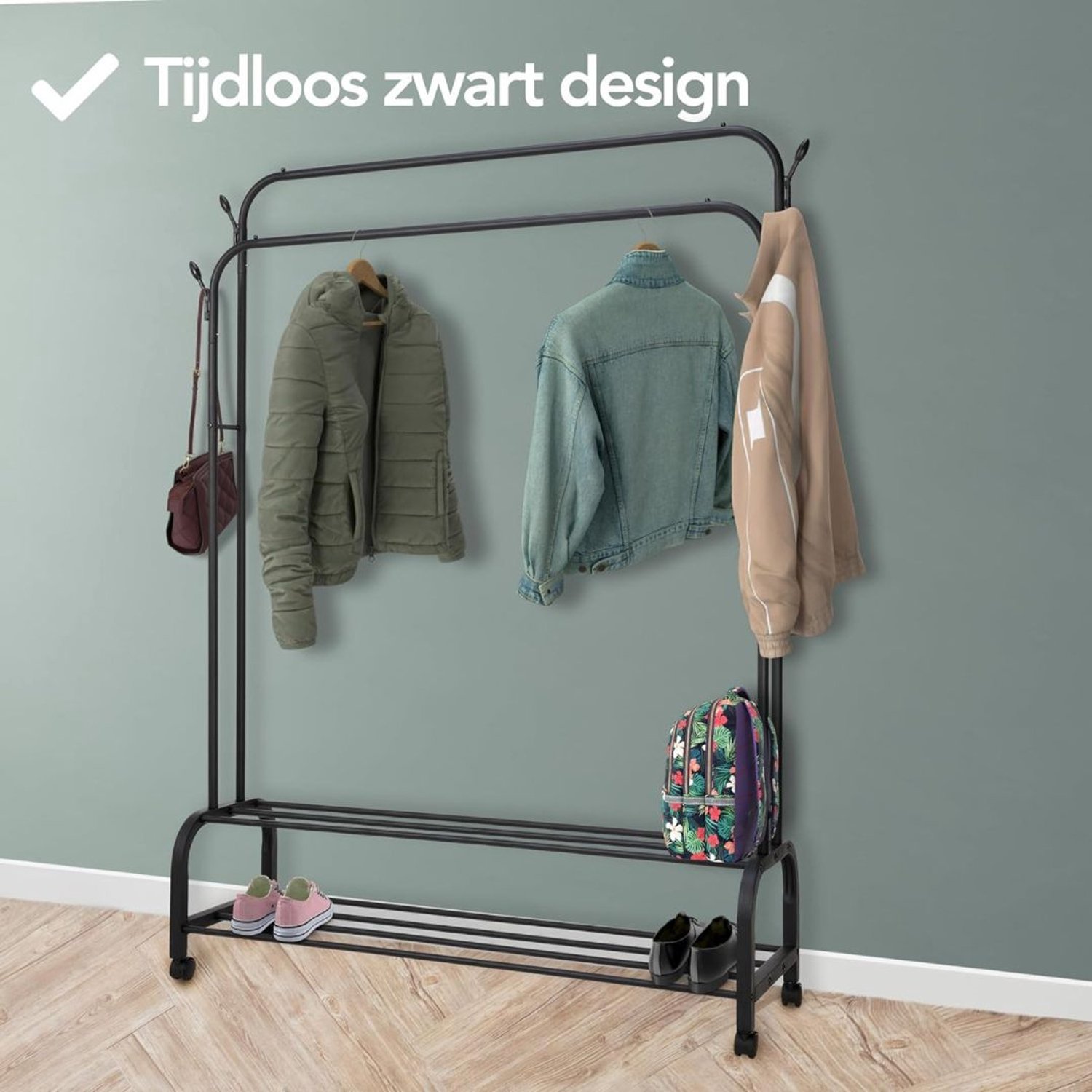 Kledingrek op Wieltjes - Dressboy - Kledingstang - Zwart