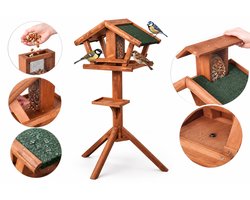 Flamingo Voederhuis met Staander Mimir Hout – 121 x 80 x 46 cm, Geïntegreerde Pindadispenser, Geschikt voor Zaden en Pindanoten, Waterbestendig, Drainagegaatjes, Sterk en Duurzaam