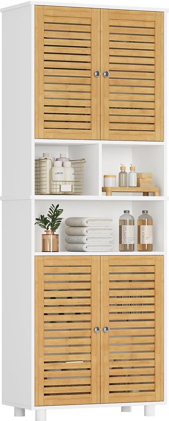 Hoge Badkamerkast 170 cm – Vrijstaande Opbergkast met Bamboe Deuren – Open Vakken en Verstelbare Legplanken – Smalle Kolomkast voor Badkamer, Keuken en Woonkamer – 60x30x170 cm – Wit - HMTM-504067