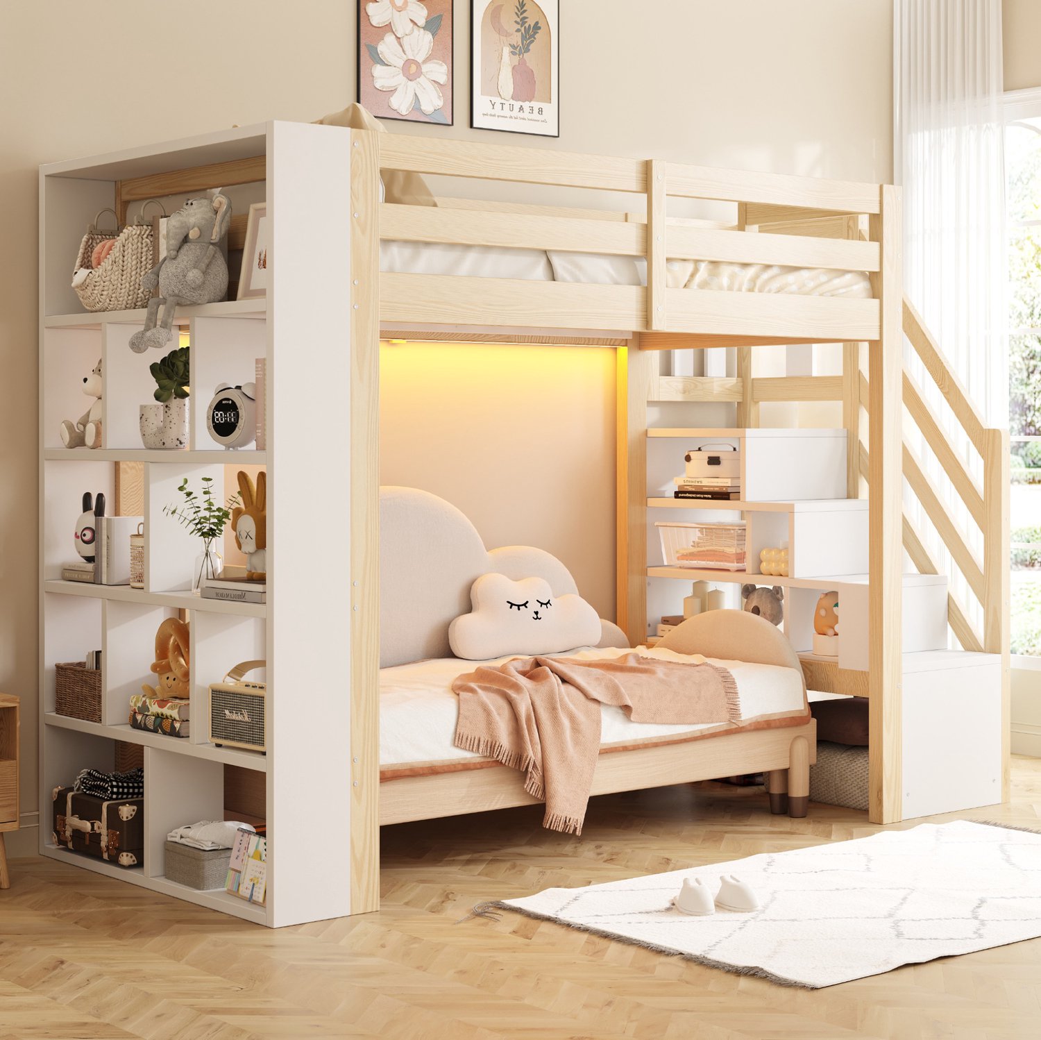 Wishdor Hoogslaper 90x200 cm - Open ruimte onder het bed - Opbergvakken en opbergladder - Uitvalbeveiliging en lattenbodem - LED-verlichting - Kinderkamer en tienerkamer - Hout en MDF - Wit en naturel Wit en naturel houtkleur