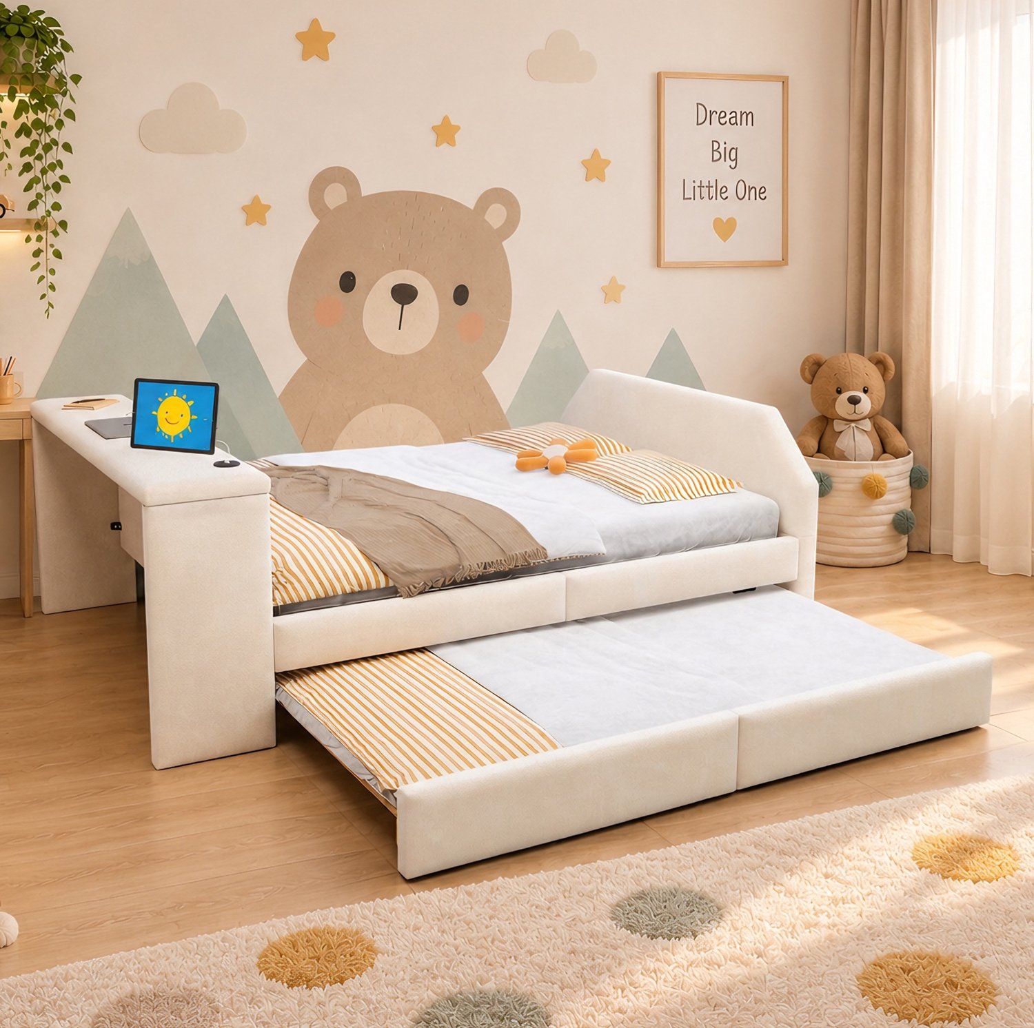 OKWISH Gestoffeerd Kinderbed 140 x 200 cm - Met Bureau en USB-Aansluiting - Uitschuifbaar Gastenbed - Fluweelachtige Stof - Beige - Zonder Matras