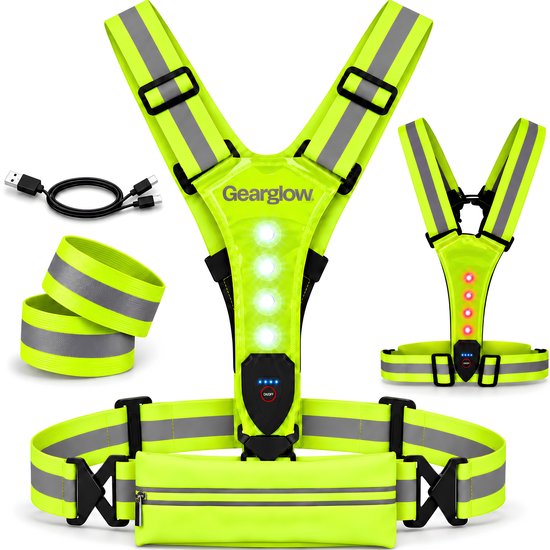GearGlow reflecterend hardloopvest in neon geel met witte LED-verlichting voor en rode LED-verlichting achter.