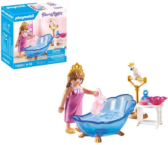 Playmobil-set met prinses in roze jurk bij een blauw bad, witte vogel op een standaard en bijbehorende verpakking.