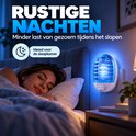Vrouw slaapt rustig naast een in het stopcontact geplaatste blauwe muggenlamp.