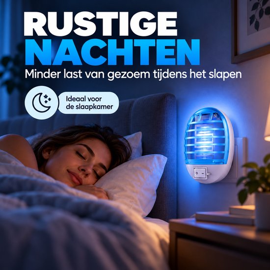 Vrouw slaapt rustig naast een in het stopcontact geplaatste blauwe muggenlamp.