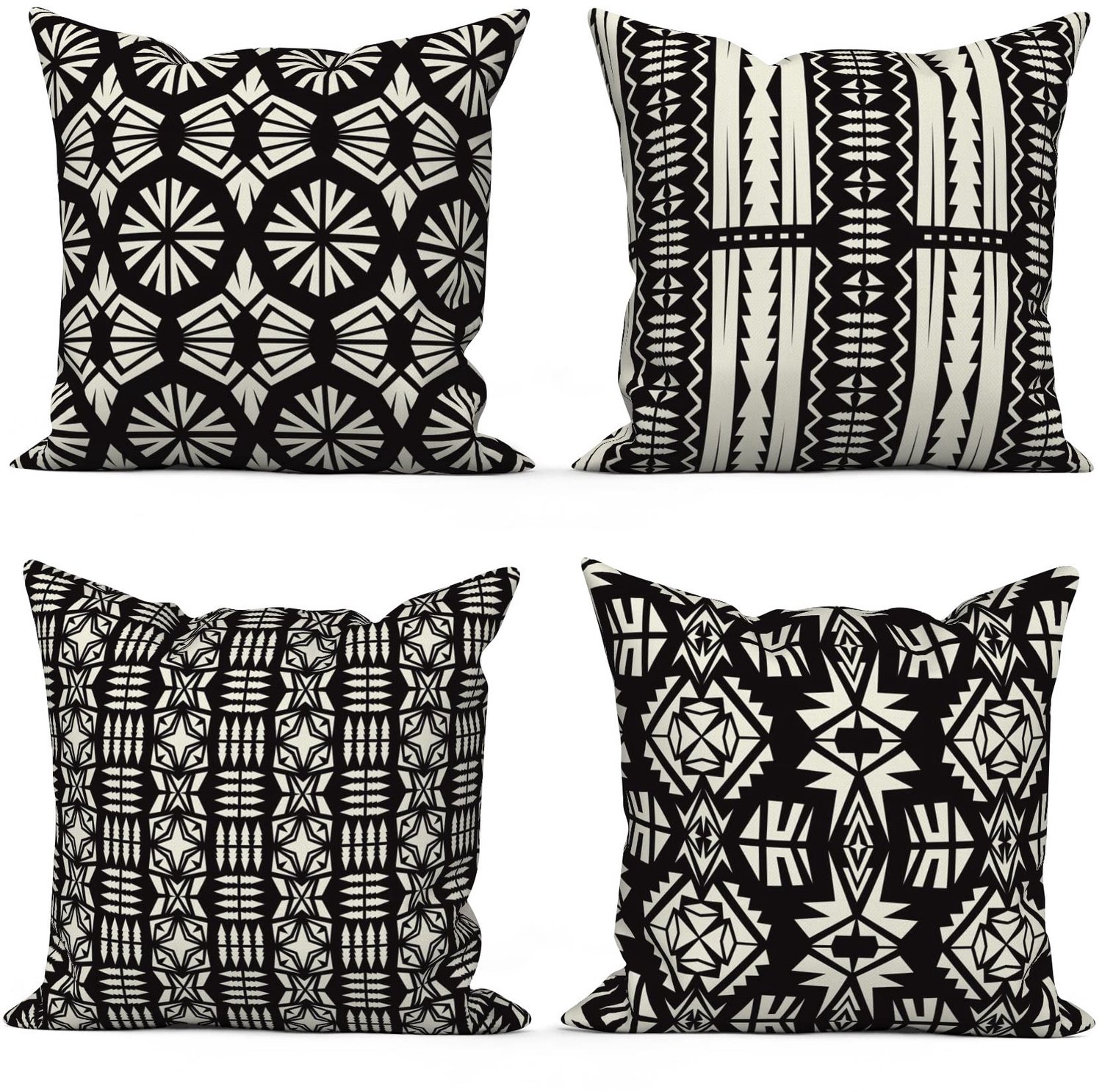 Sierkussen Set van 4 - 40x40 cm - Boho Geometrisch Patroon - Zwart/Wit - Wasbaar - Polyester Vlas Textiel - Decoratiekussen