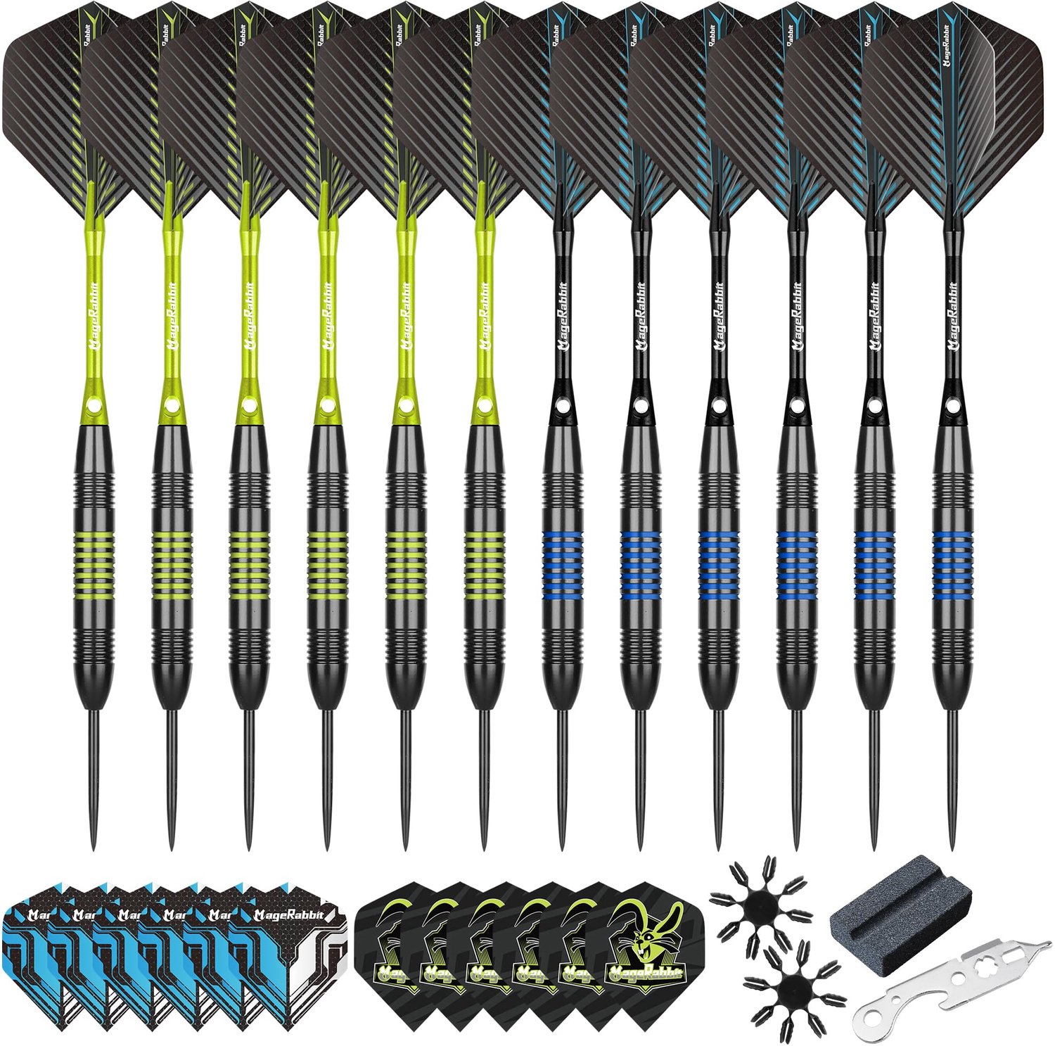 Darts Set met 12 Stalen Punten en 24 Dart Flights - Blauw/Groen