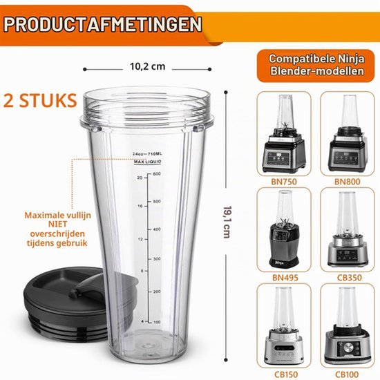 Reserveonderdelen voor mixer voor, pakket van 2, vervangende 710 ml kop compatibel met, upgrade blender kop met afneembaar deksel, vervangende koponderdelen voor voor, SS100 — afbeelding 5