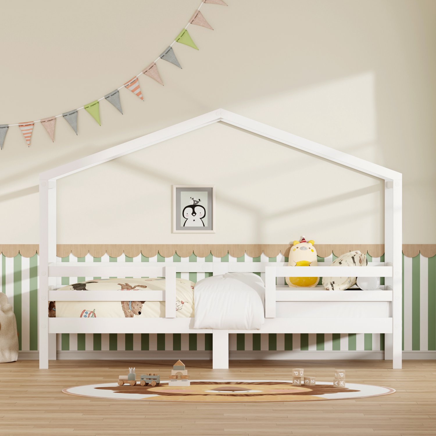 WUVRIE Kinderhuisbed 90x200 cm - Met lattenbodem en uitvalbeveiliging aan drie zijden - Wit