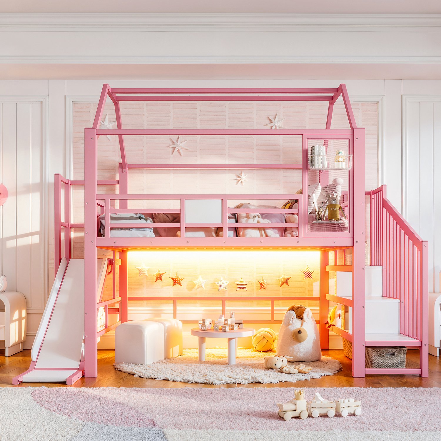 WUVRIE Hoogslaper 140x200 cm - Huisvorm met glijbaan, trap met opbergvakken en Bluetooth-ledverlichting - Roze