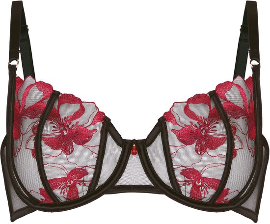 Zwarte beugelbeha met gedetailleerde rode bloemenborduursels en mesh-afwerking.