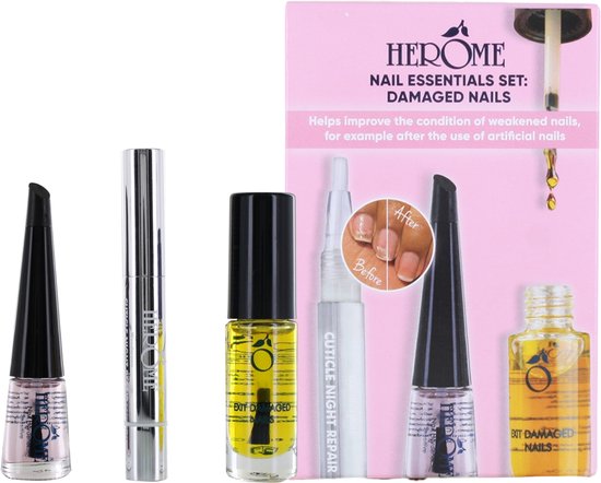 Herome nail essentials set met nagelverharder, cuticle night repair en nagelolie op een roze achtergrond.