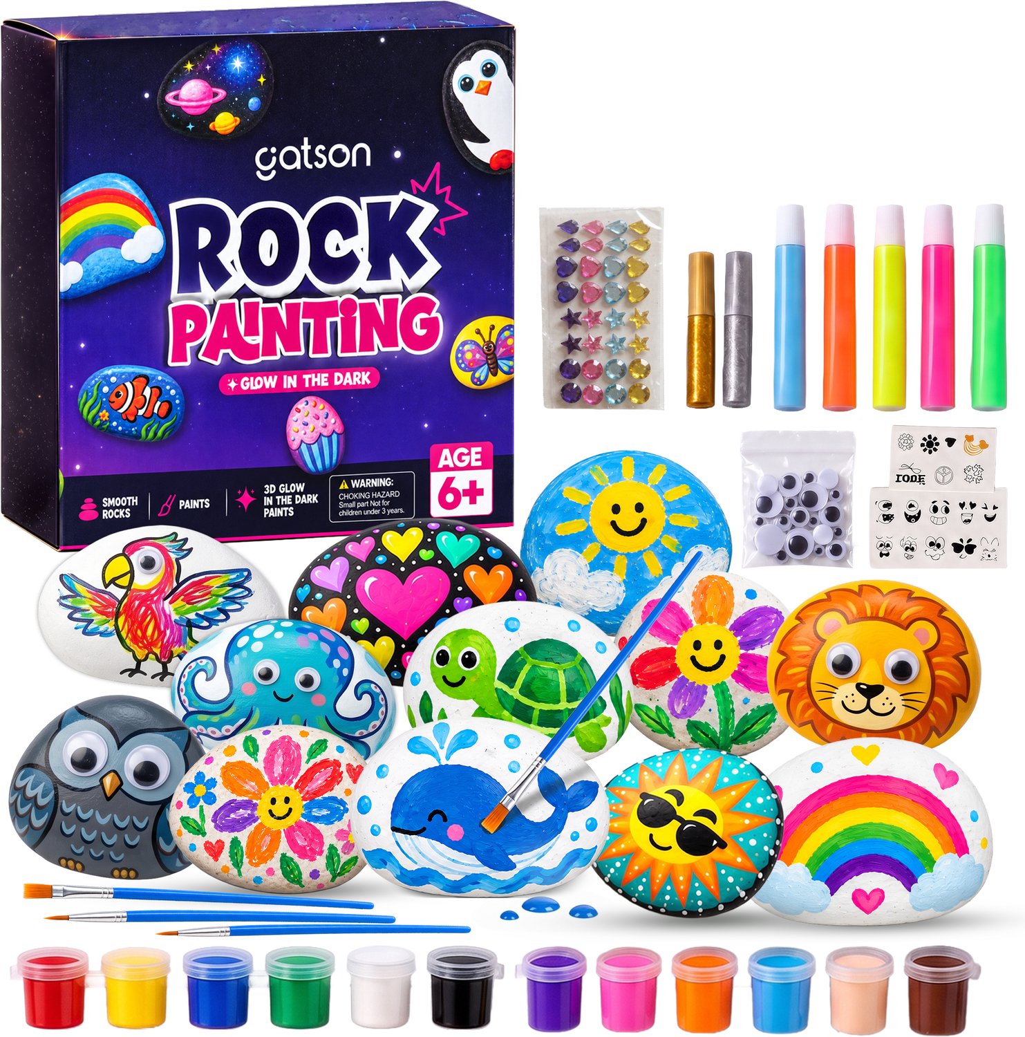 Gatson Stenen Schilderen Pakket - Glow In The Dark - Happy Stones - Knutselpakket - Knutselen Meisjes & Jongens
