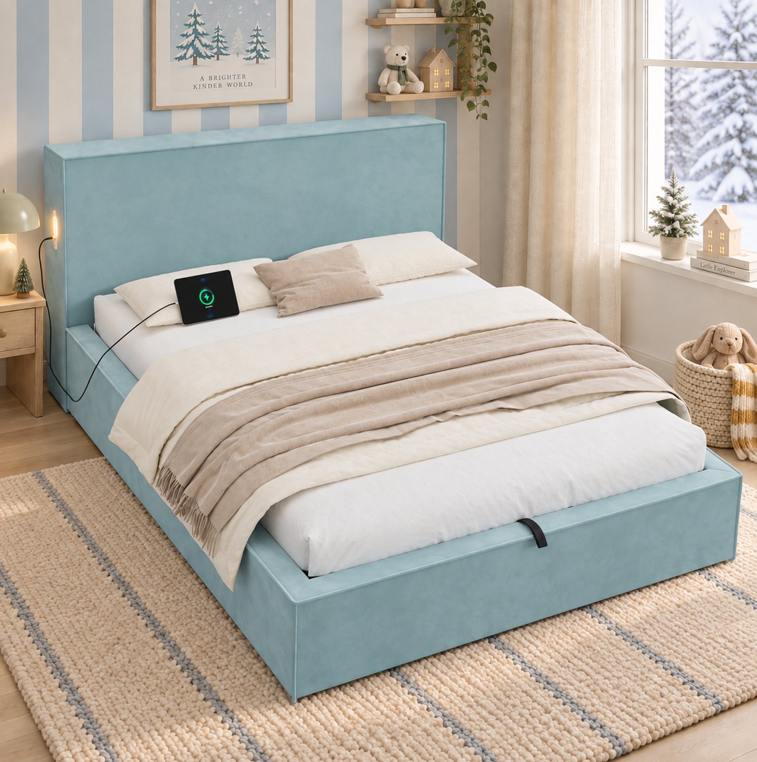 OKWISH Gestoffeerd Kinderbed 140 x 200 cm - Fluwelen Bed met Lattenbodem - Hydraulische Opbergruimte - Zacht Hoofdbord - Zonder Matras - Blauw