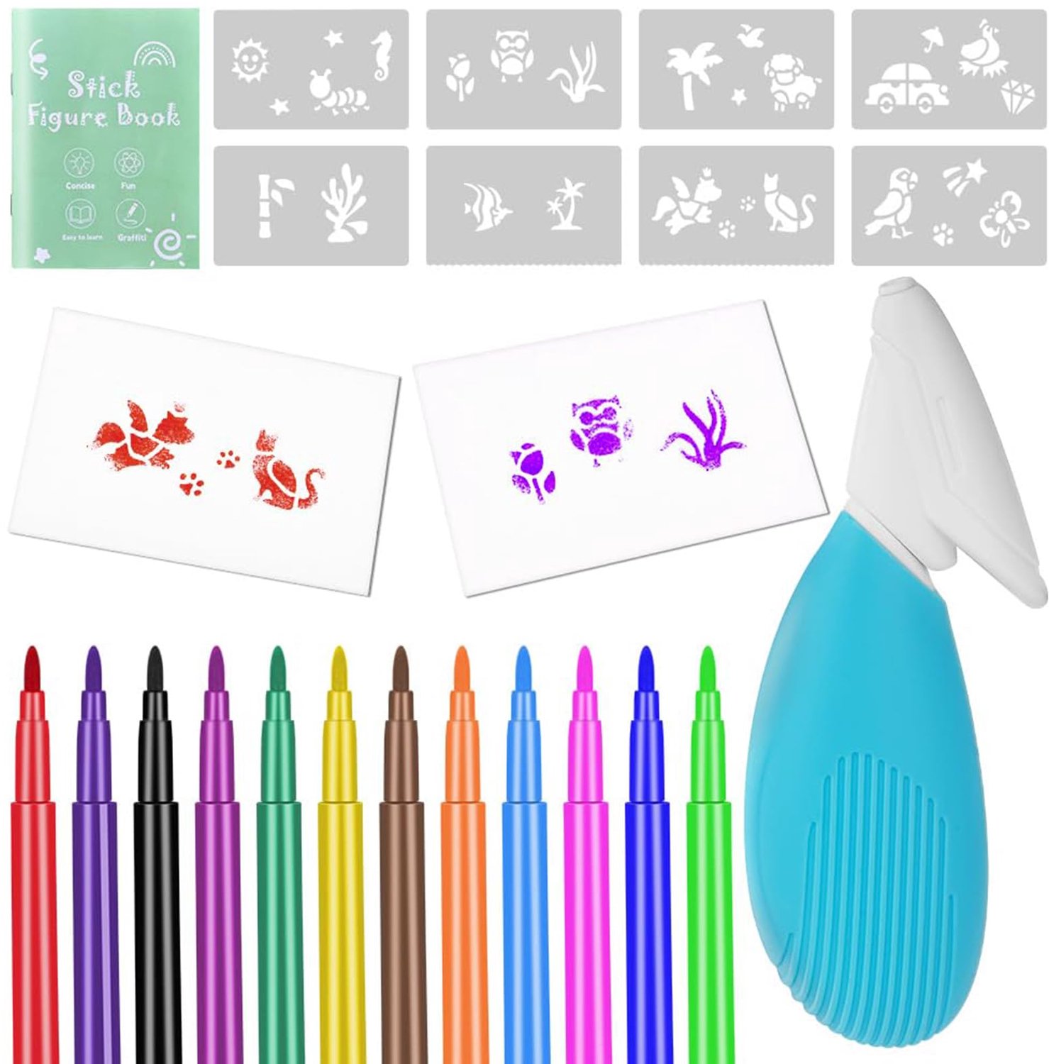 Set van 12 Wasbare Aquarelpennen met Airbrush en Templates