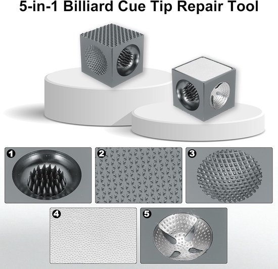Biljart cue tip reparatie tool 2,5 x 2,5 x 2,5 cm - metaal - 5-in-1 functie - voor optimale cue-tip verzorging - Vemera — afbeelding 3