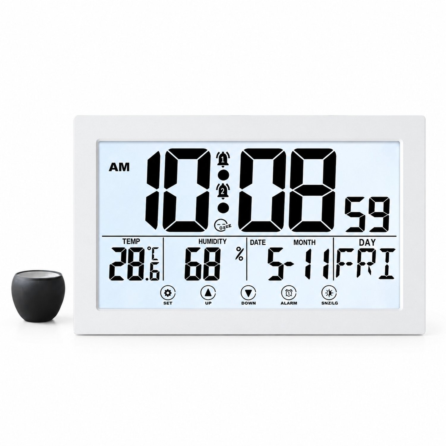Digitale wekker met lcd, achtergrondverlichting en aanraakbediening - Temperatuur, luchtvochtigheid en kalender - Wit - Op batterijen, staand of aan de wand