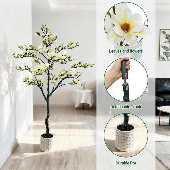 Kunstmatige Magnoliaboom 180 cm – 6 ft – Met Witte Pot & Realistische Witte Bloemen – Weerbestendig & UV-bestendig – Inclusief Bloempot – Onderhoudsvrij – Voor Woonkamer, Kantoor & Terras