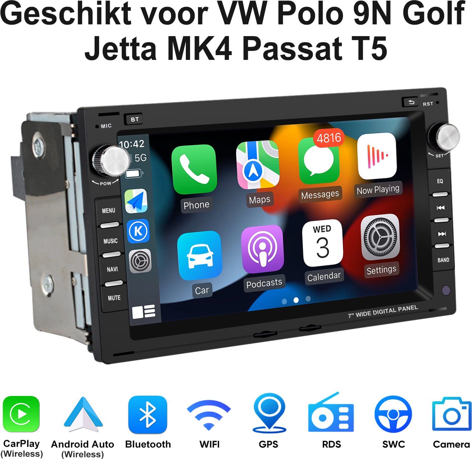 JUNSUN Android 15 Autoradio Geschikt voor VW Polo 9N Golf Jetta MK4 Passat T5 - Draadloos Carplay & Android Auto - GPS-navigatiesysteem - Stuurwielbediening - Bluetooth - 7 Inch IPS TouchScreen - Wifi - RDS