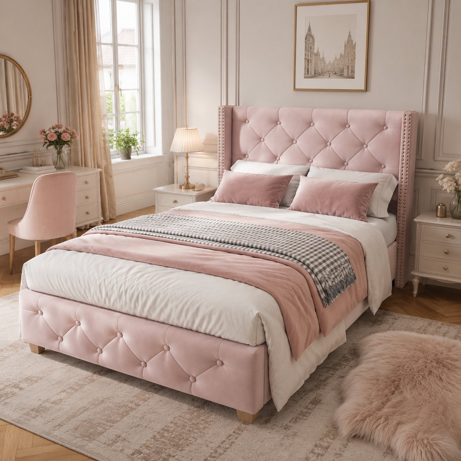 Sweiko Gestoffeerd bed - 90 x 200 cm - Eenpersoonsbed - Tufting - Houten poten - Velvet - Roze