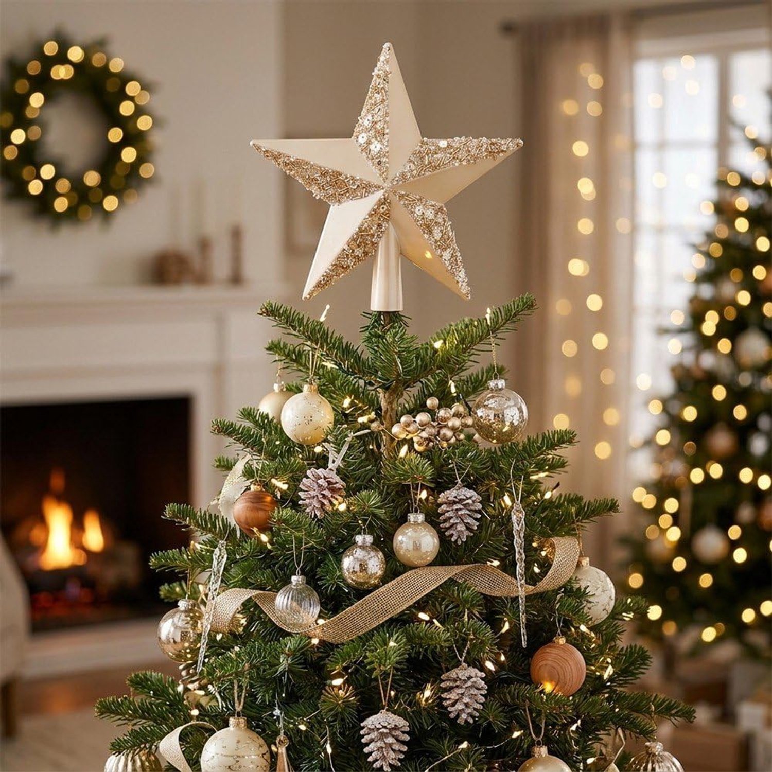 Kerstboomtopversiering in de vorm van een ster - Kerstdecoratie - Kerstboomtop - Voeg een prachtig accent toe aan kerstfeesten en winterse bijeenkomsten met de familie - Champagnekleur – foto 5