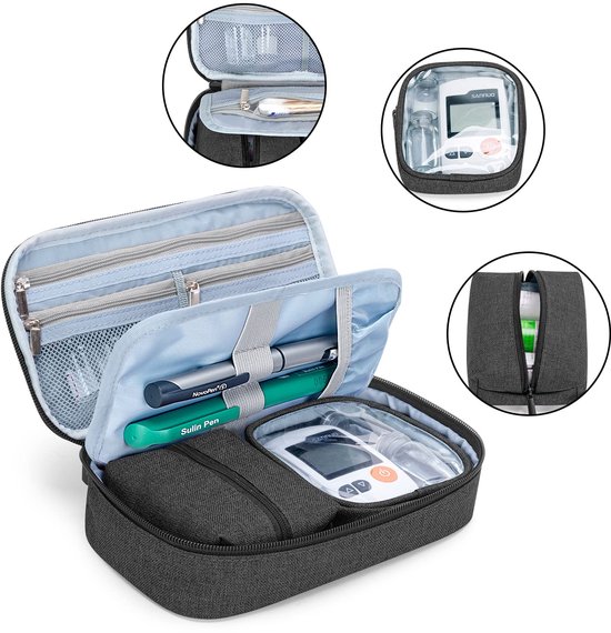 Diabetische Benodigdheden Tas voor Glucose Meter, Medicatie, Insuline Pennen en andere Diabetes Care Supplies, Diabetes Reis Organisator Zaak met Afneembare Zakjes, Zwart (Tas Alleen) — afbeelding 2