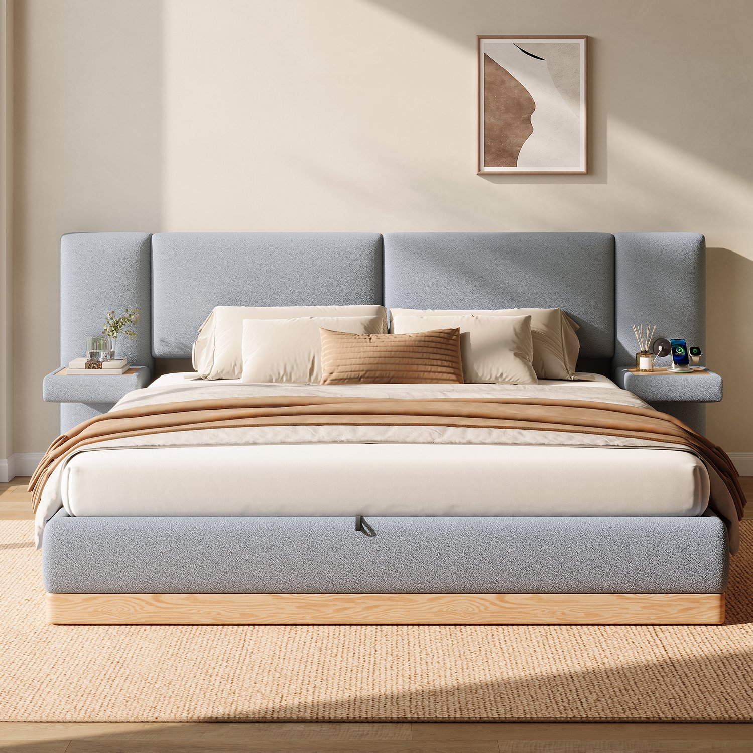 Wishdor Tweepersoonsbed 180x200 cm - Hydraulische opbergruimte - Gestoffeerd hoofdbord met USB-aansluitingen - Zijplanken aan beide kanten - Teddyfleece en MDF - Grijs en naturel
