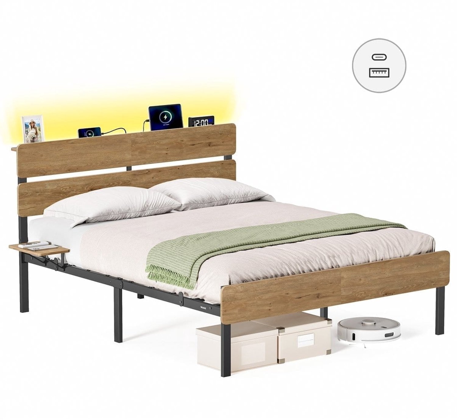 Klarven Bed Naturelbruin - LED-Verlichting - USB-A en USB-C Poorten - Opbergruimte Onder Bed - Draagvermogen 500kg - 215x147x100,3cm