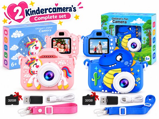 Complete set met twee kindercamera's: een roze met eenhoorn en een blauwe met dinosaurus, inclusief 32GB SD-kaarten en riemen.