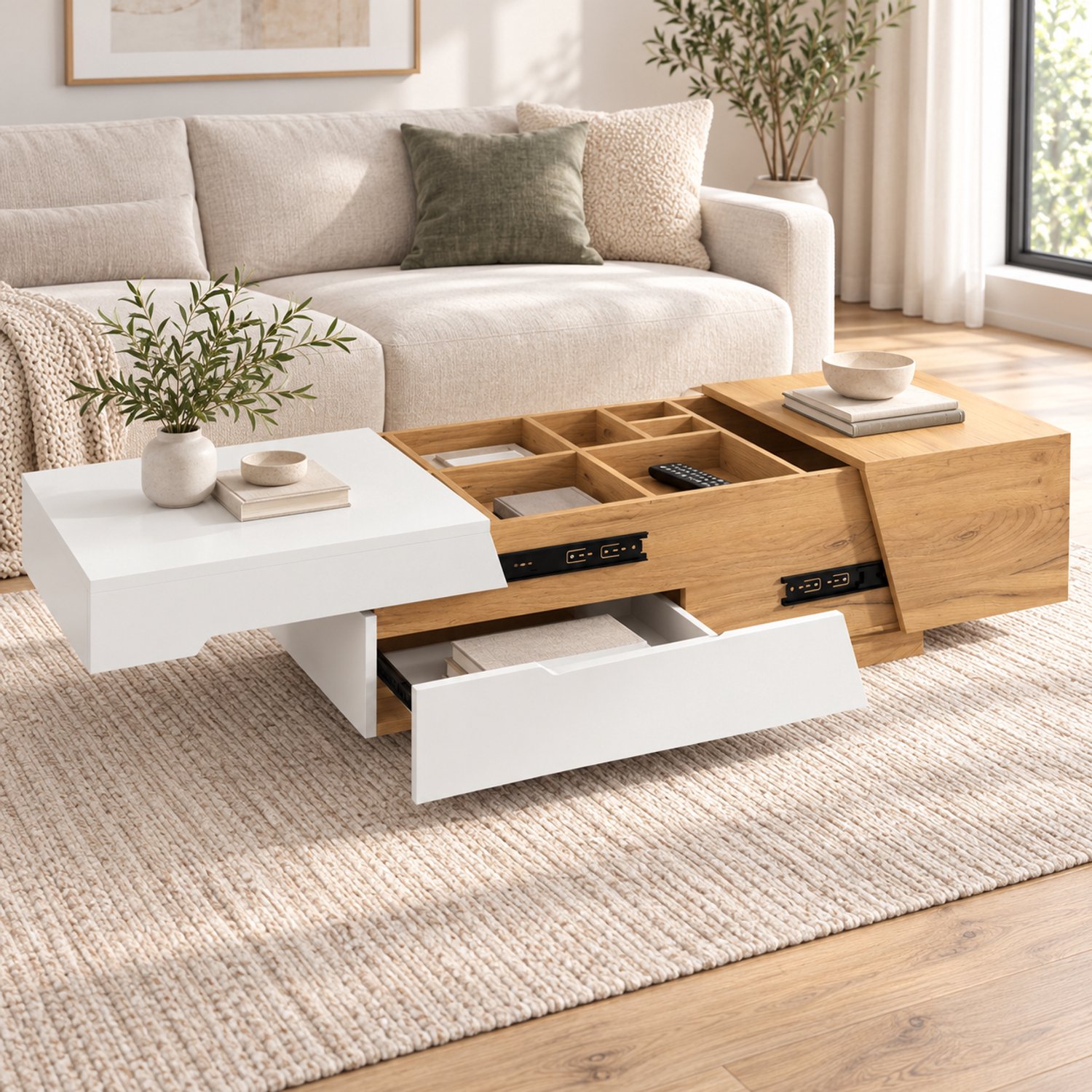 MIVRAY Salontafel - Uitschuifbaar Met Schuifblad En 2 Laden - Voor Woonkamer Met Extra Opbergruimte - MDF - 120x50x37,5 Cm Wit en Houtkleur