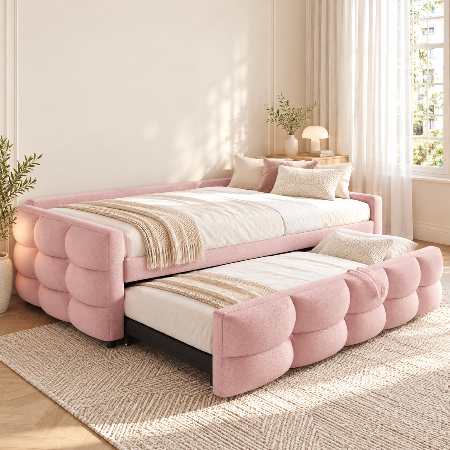 MIVRAY Gestoffeerd Bed 90 180x190cm - Uitschuifbaar Slaapbed Voor Gasten - Met Lattenbodem - Teddy Stof - Roze - Zonder Matras