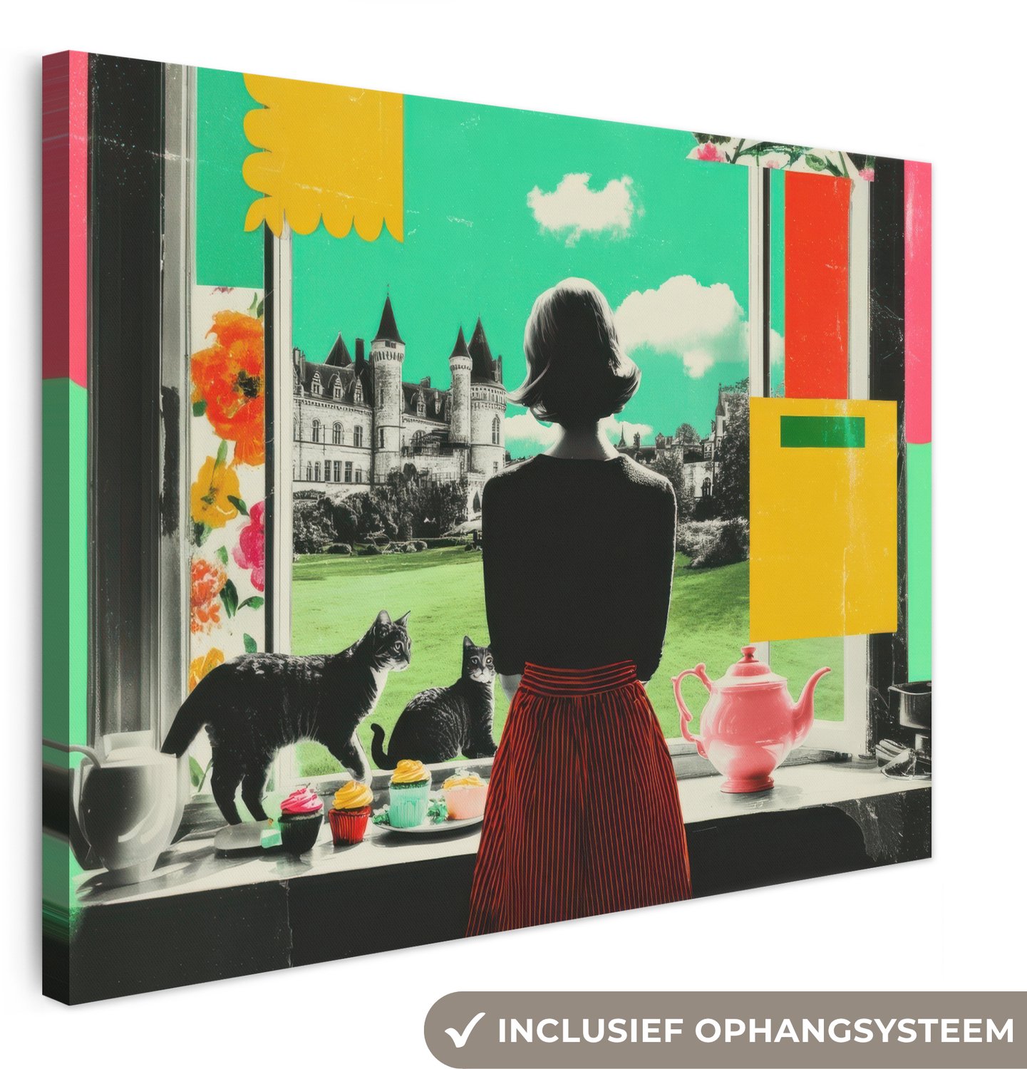 Canvas schilderij 100x70 cm - Exclusieve wanddecoratie Vrouw - Keuken - Katten - Doorkijk - Muurdecoratie woonkamer - Slaapkamer decoratie - Kamer accessoires - Schilderijen op canvas